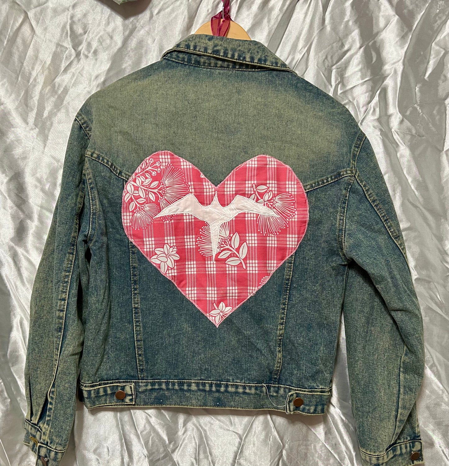 Pink Palaka Heart ‘Iwa Bird Denim Jacket